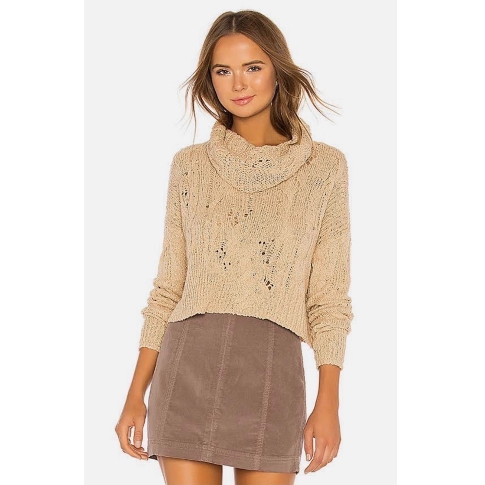 Free People Shades Of Dawn Cowl Neck Pointelle Cable Knit Cropped Sweater Tan S